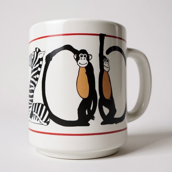 Vintage 1983 EUC I‎ Love Zoo K & M 1983 Coffee Mug RARE Zebra Monkeys White - Picture 1 of 7
